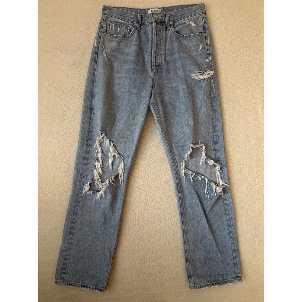 AGOLDE 90's Mid Rise Straight Jeans Womens 27 Blue Light Wash Distressed Denim